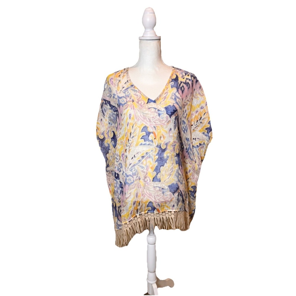 Chico's Linen Swim Cover Up S/M Paisley Print Fringe‎ Hem Beach Tunic Boho
